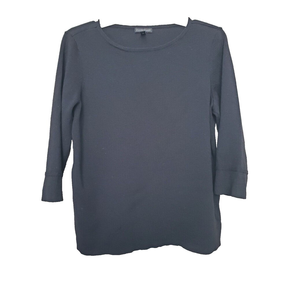 Eileen Fisher 100% Wool Black 3/4 Sleeve Knit Sweater Size Medium